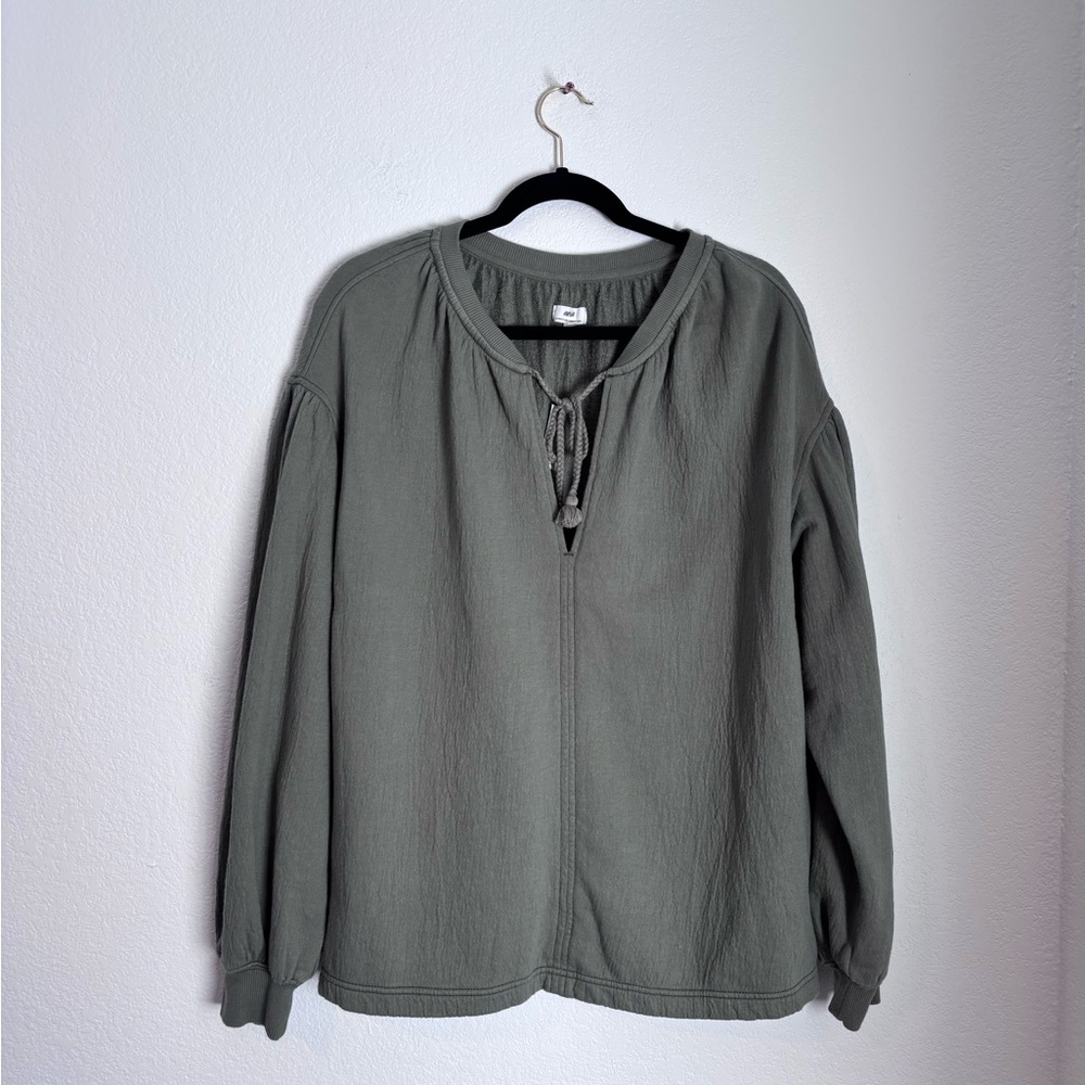 Aerie Oversized Tie Neck Top Olive Green Pullover Top Size XS NWT